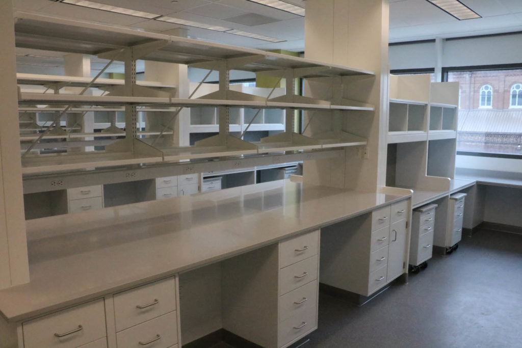 Fixed Steel Laboratory Casework with Adjustable Shelving and Epoxy Tops